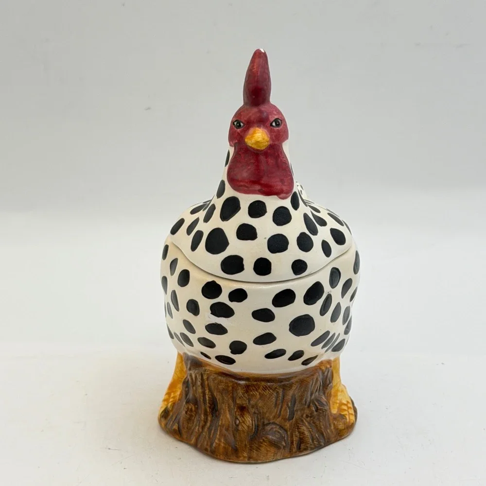Sakura China Ceramic Rooster Sugar Bowl Polka Dot Hand Painted Farmhouse Decor